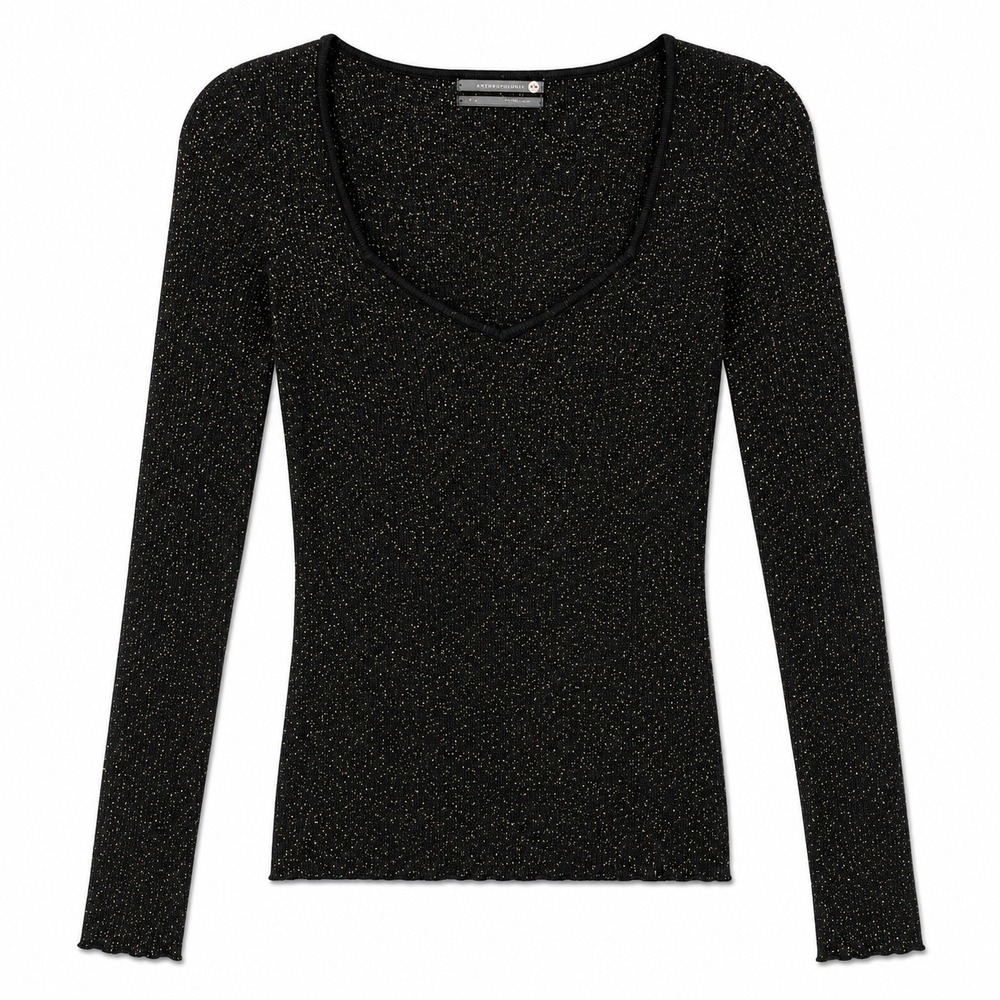 Anthropologie Metallic Knit Top Black Gold Shimmer Long Sleeve Medium